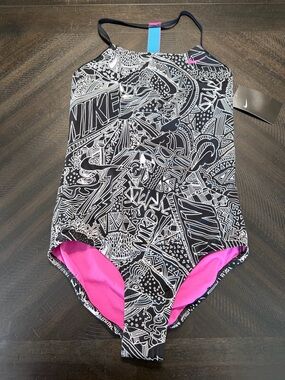 Nike Girls One Piece Swimsuit XL 13-15 Black White Print Pink Lined NWT